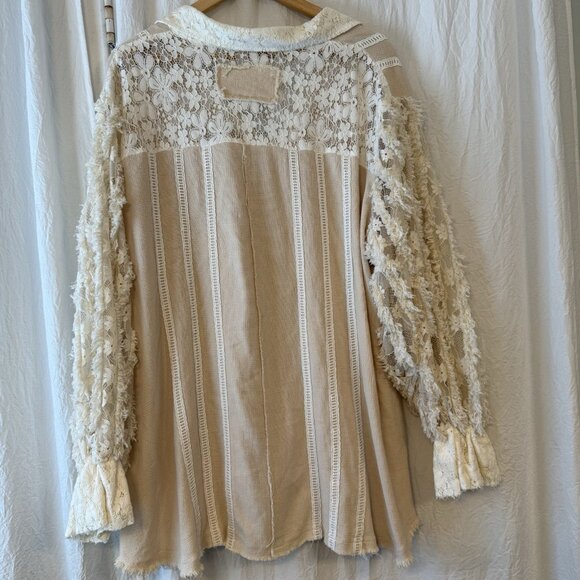 POL Anthropologie Oversized Shirt Women L Lace Long Balloon Sleeve Button Pearl - Picture 7 of 9